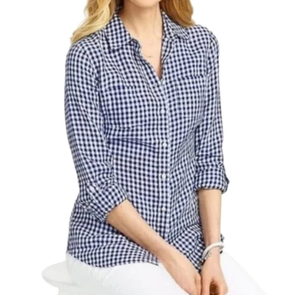 Talbots Blue Gingham Plaid Button Front Linen Shirt Size 3X Petite Preppy Casual
